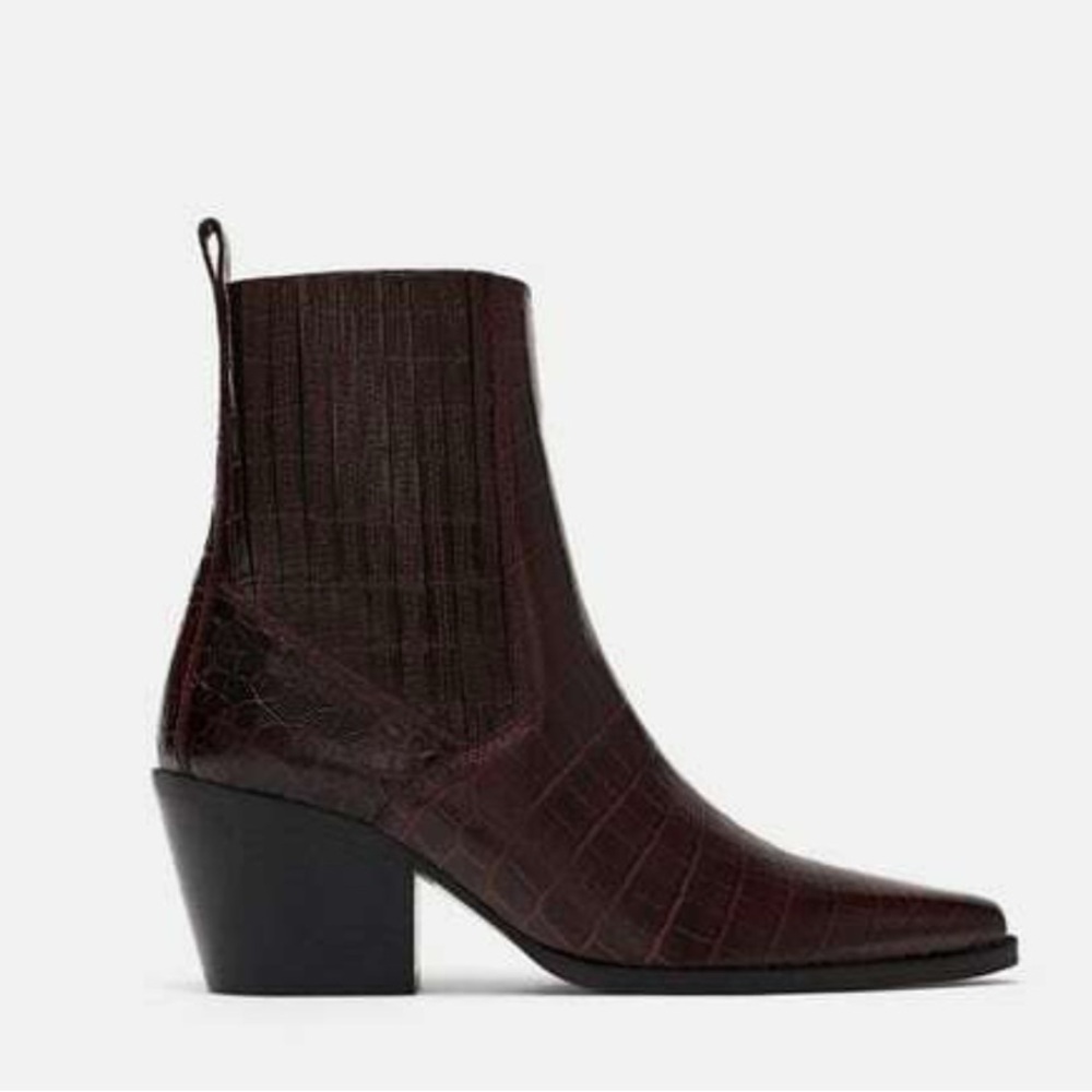 Zara Burgundy Croc-Embossed Leather Ankle Boots - Picture 2 of 10